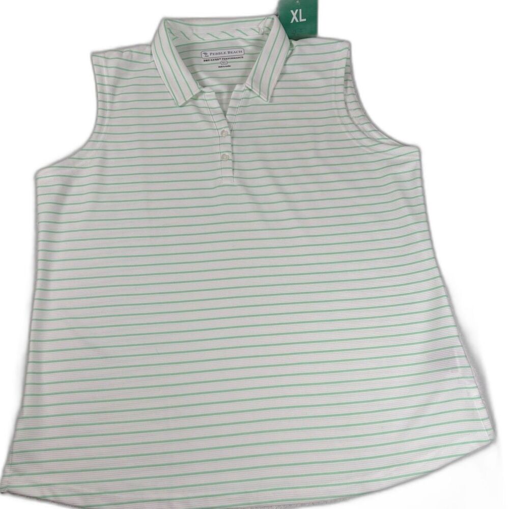 Pebble Beach Womens XL Sleeveless Golf Polo Shirt Dry-Luxe Green Striped NWT